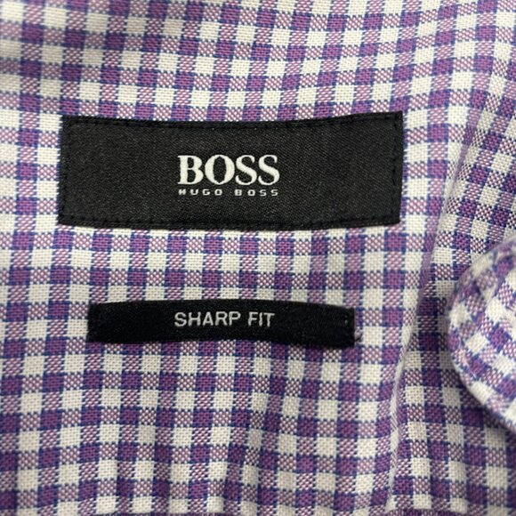 Boss Hugo Boss Sharp Fit Button-Down Purple Gingham Shirt, 34 /35, 17.5‎ in - Picture 4 of 10